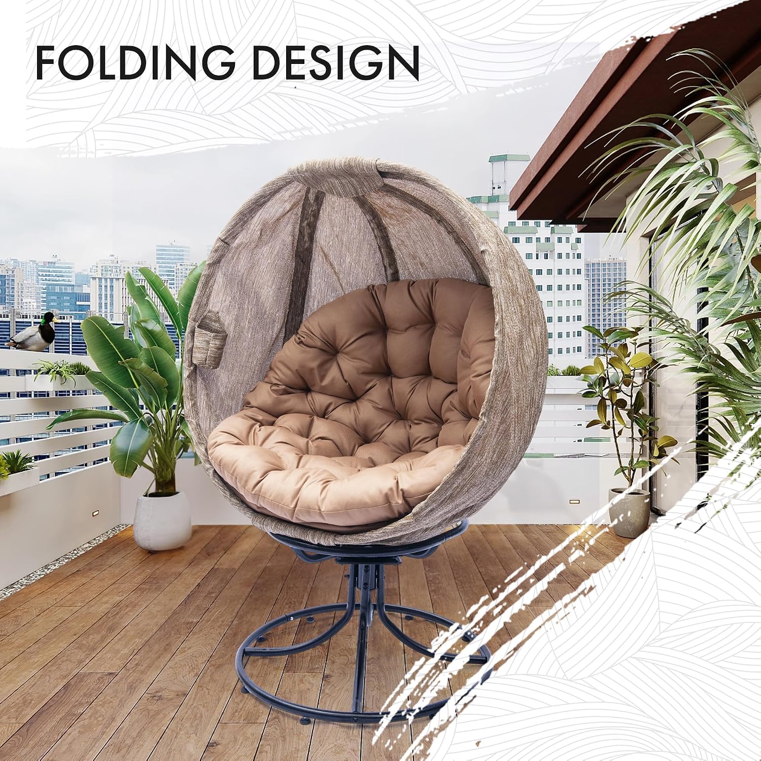 Oversized 360 Swivel Egg Chair - Foldable Rattan Seat w/Cushions, Outdoor Indoor Lounge Chair for Patio, Pool, Balcony & Living Room (Small Leaf Jacquard Khaki-2)