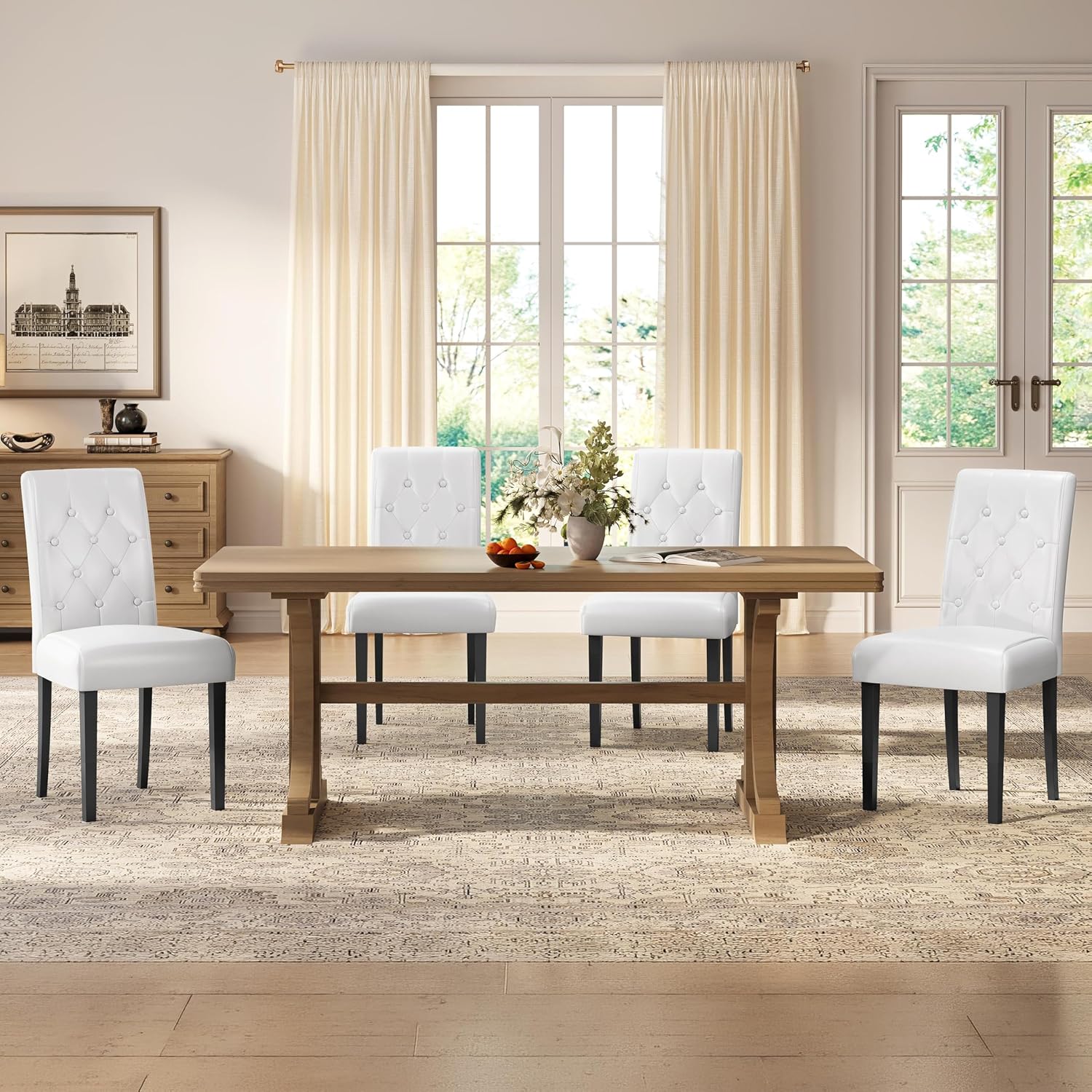 Yaheetech Dining Chairs Set of 4 Button Tufted Kitchen Chairs White | Modern Faux Leather Upholstered Parson Chairs with Rubberwood Legs, Adjustable Footpads, High Back Chairs For Dining Room