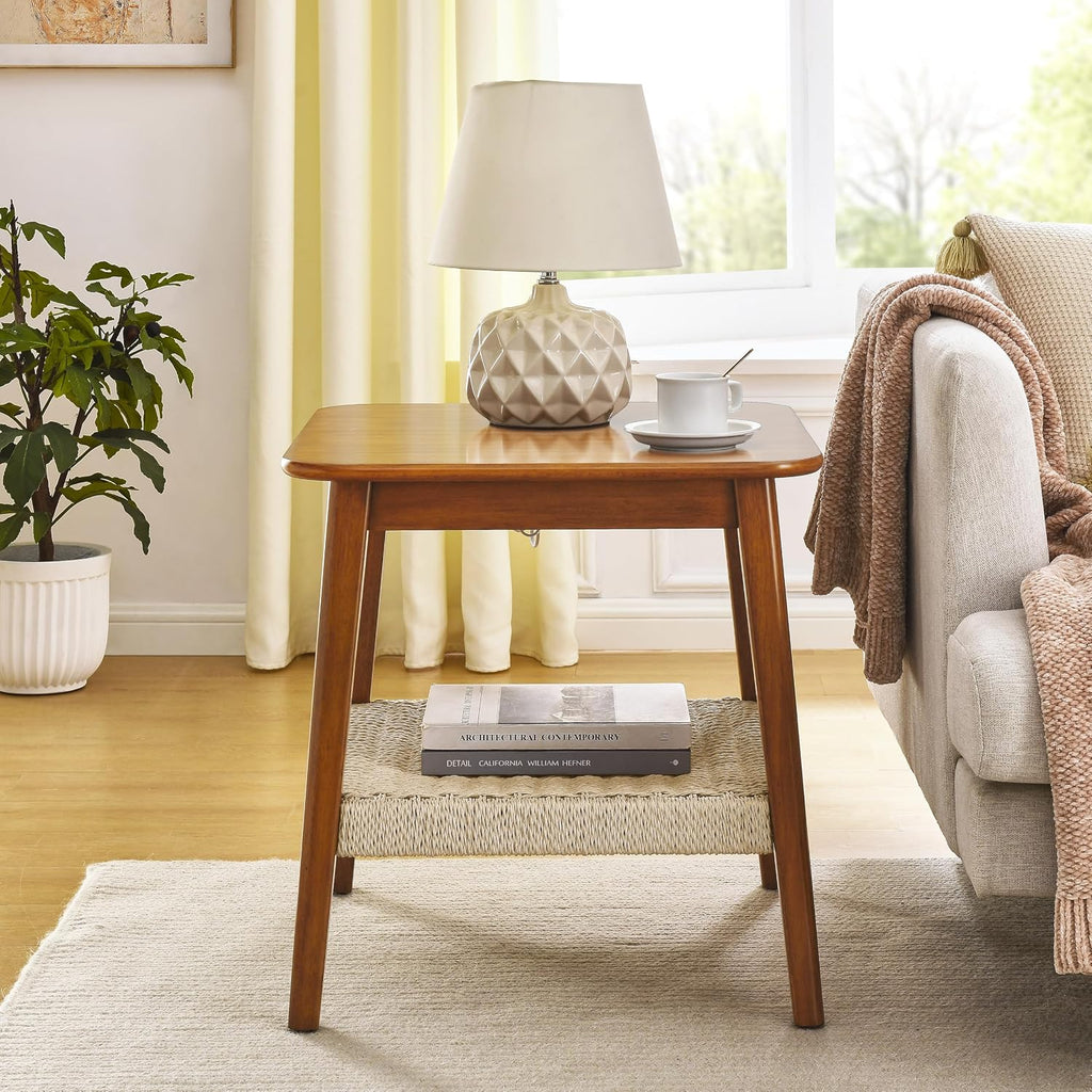 Small Side Table with Woven Shelf, Boho Mid-Century Bedside Table with Storage for Living Room, Couch, Patio, Office