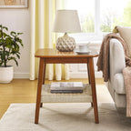 Boho Side Table with Woven Shelf and Storage, Mid-Century Design for Bedside, Living Room, Couch, Patio, Home Office