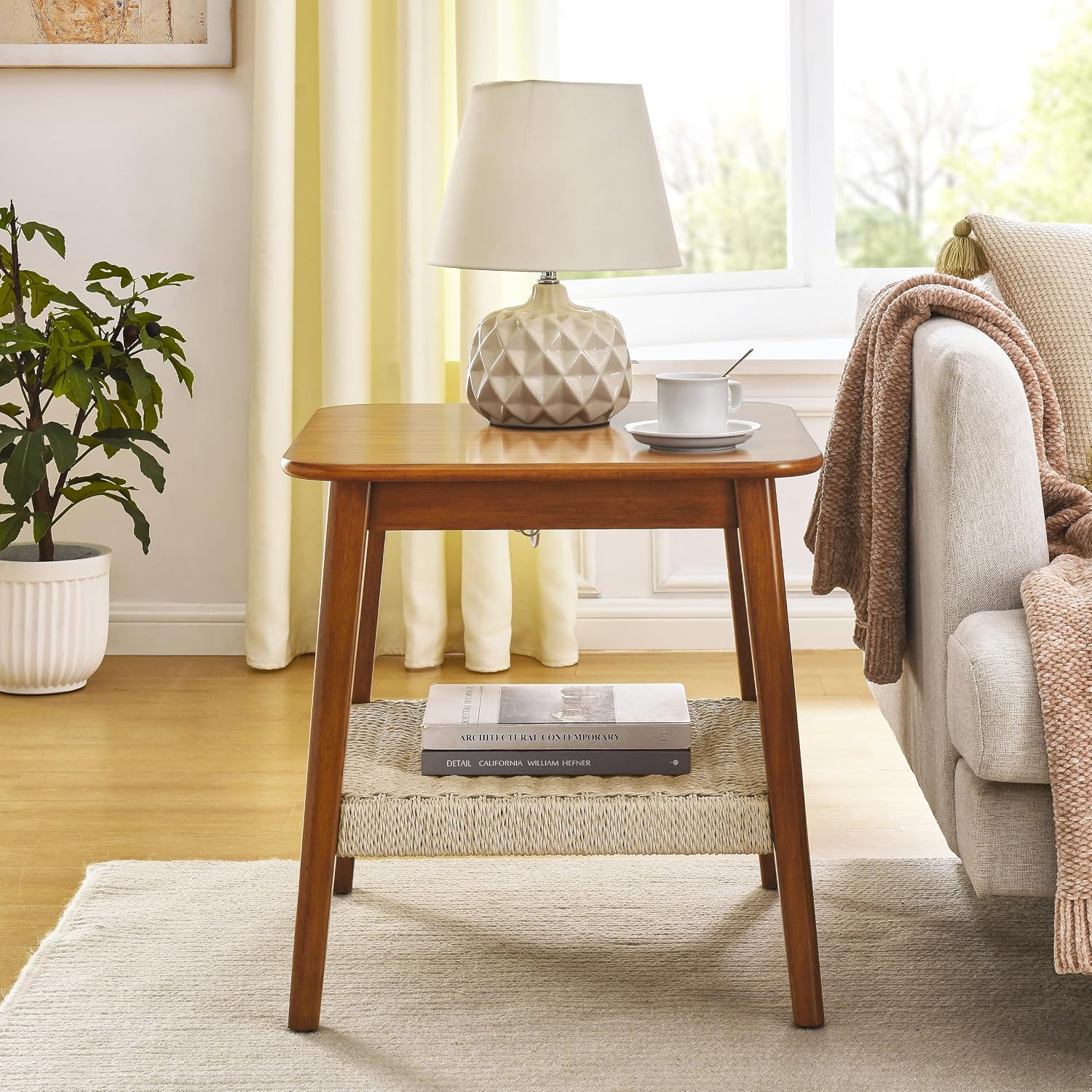 Boho Side Table with Woven Shelf and Storage, Mid-Century Design for Bedside, Living Room, Couch, Patio, Home Office