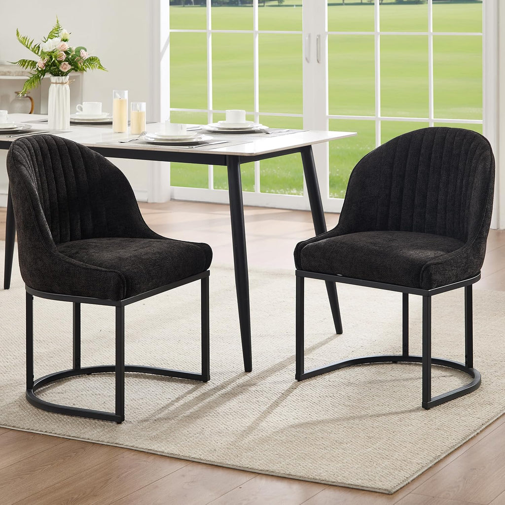 Dining Chairs Set of 2, Linen Upholstered Dining Room Chairs with Black Metal Legs, Modern Kitchen Side Chairs Reading Chair (Black+Black, Set of 2)