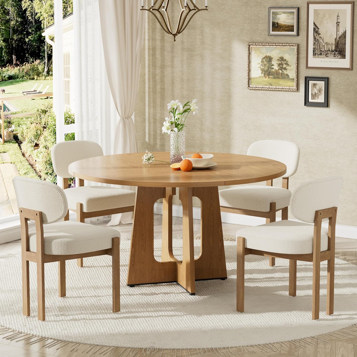 Modern 5-Piece Dining Table Set with 4 Chairs,Oak Round MDF Dining Table, Beige Fabric Upholstered Chairs with Natural Wood Legs for Kitchen Dining Room Home