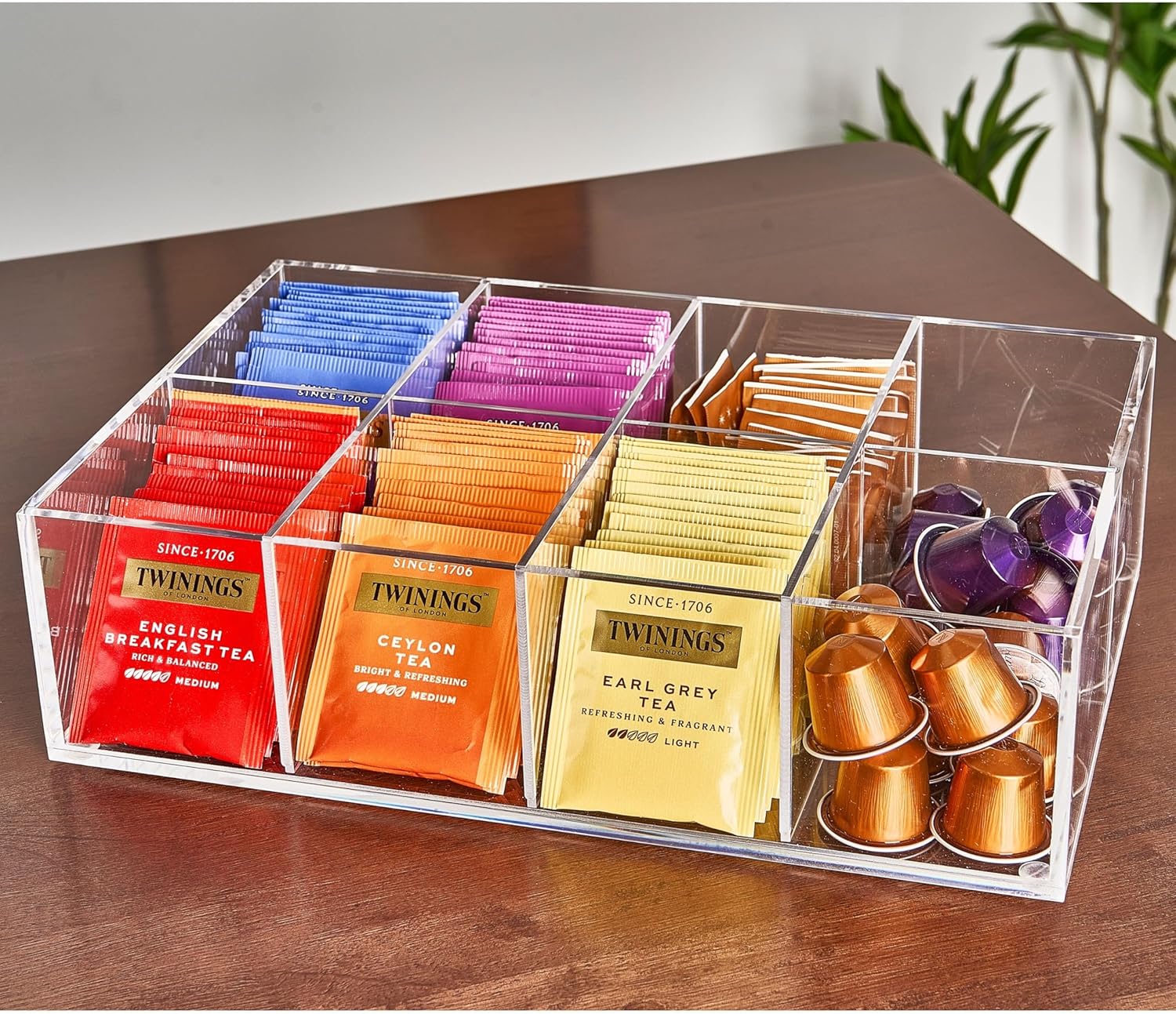 Acrylic Tea Bag Organizer - Clear Tea Storage Box, K Cup Coffee Pods Holder with 8 Compartments, Tea Station Organizer for Countertop, Modern Tea Display Stand