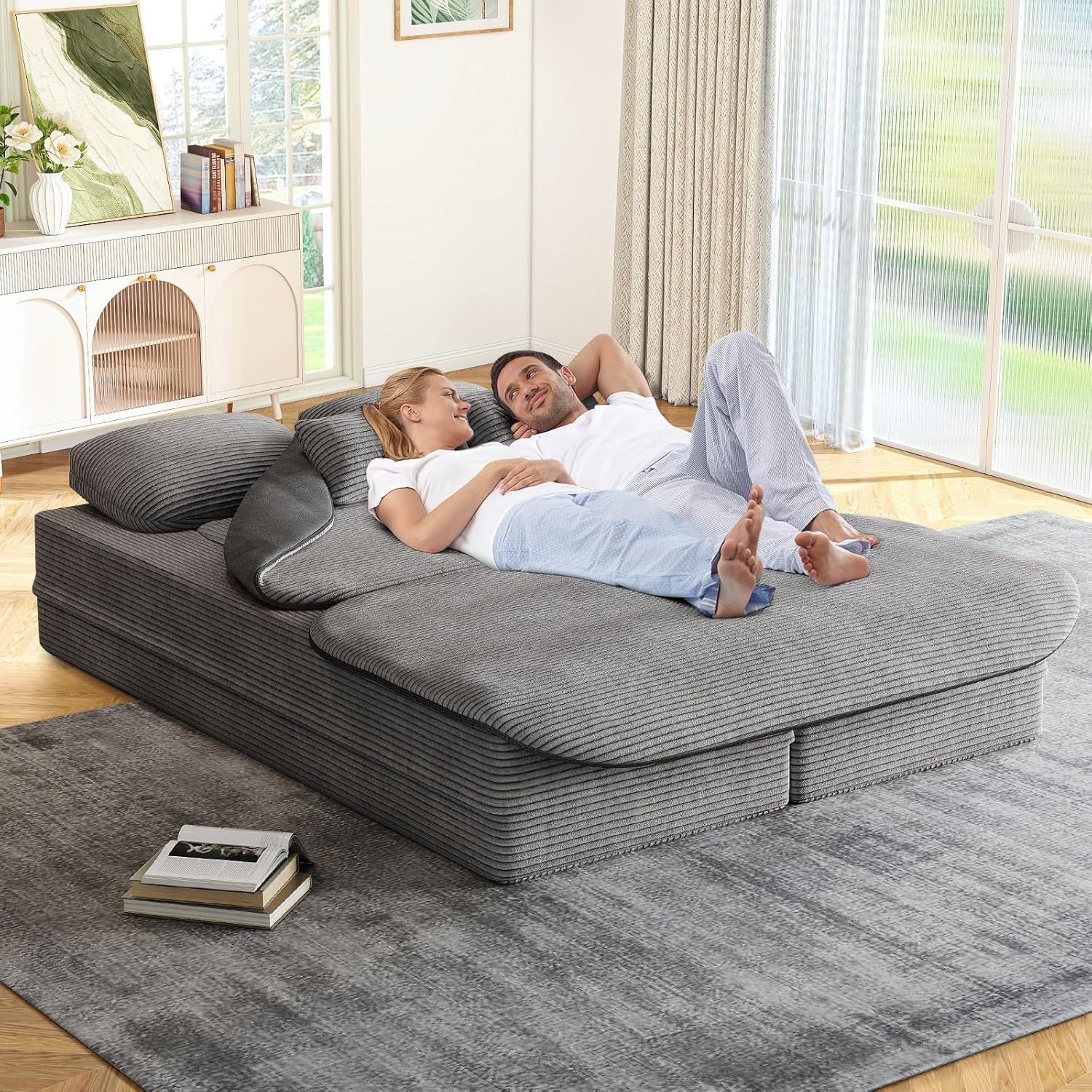 Antetek Convertible Sleeper Sofa, Modern Folding Futon Corduroy Floor Foam Compression Loveseat Sofa Bed Couch, Foldable Full Size Guest Bed with 4 Pillows for Living Room Bedroom Apartment, Grey