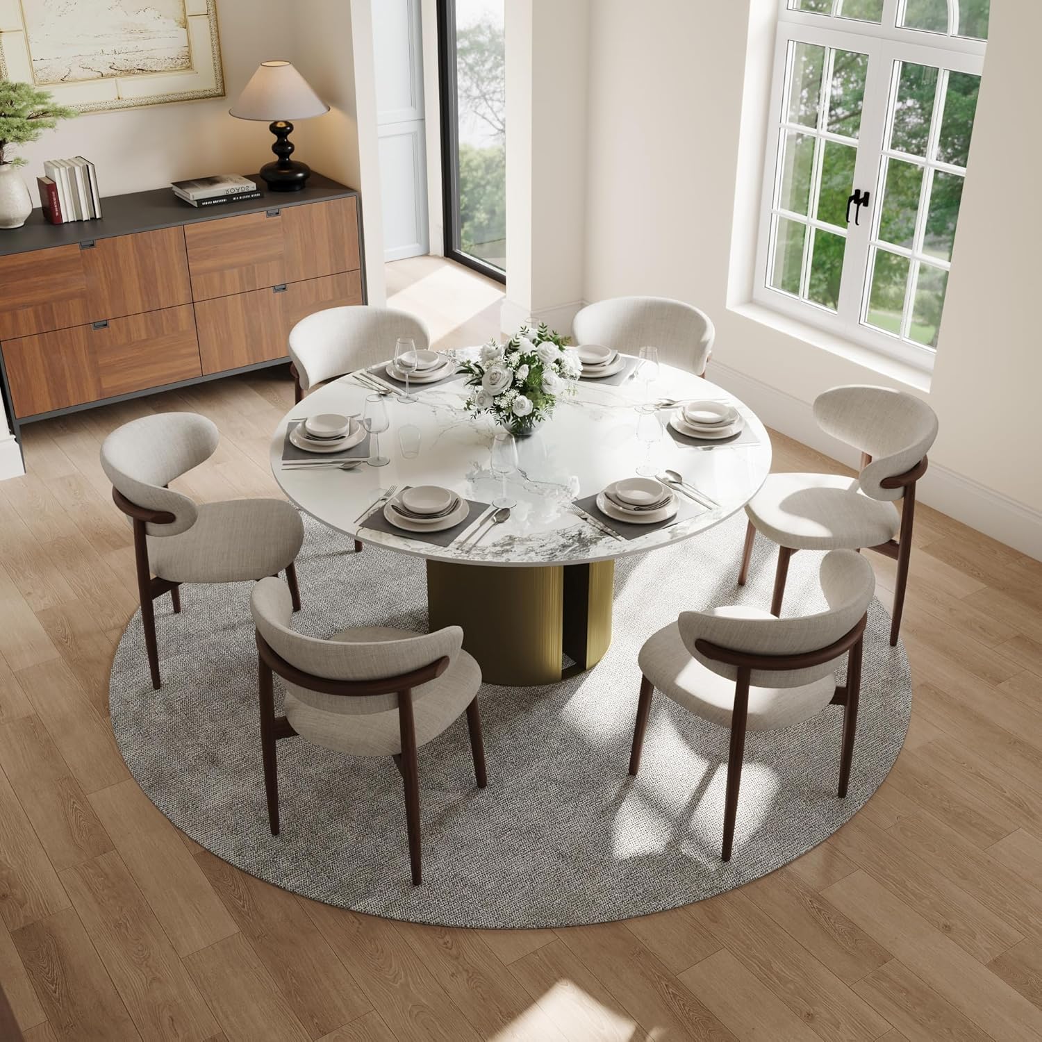 59" Modern Round Dining Table for 6, Glossy White Circle Kitchen Table, Sintered Stone Dining Room Table Top with Bronze Cylinder Hollow Base, Faux Marble Dinner Table for Home Party, (Table Only)