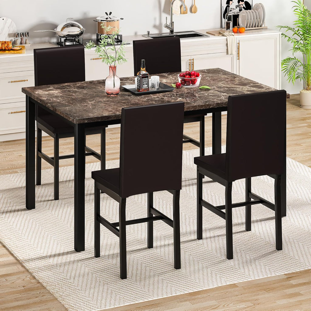 Hooseng 5 Piece Dining Table Set for 4, Faux Marble Kitchen Table with Upholstered Chairs, Modern Dinner Table Set for Dining Room, Apartment, Small Spaces, Brown＆Brown