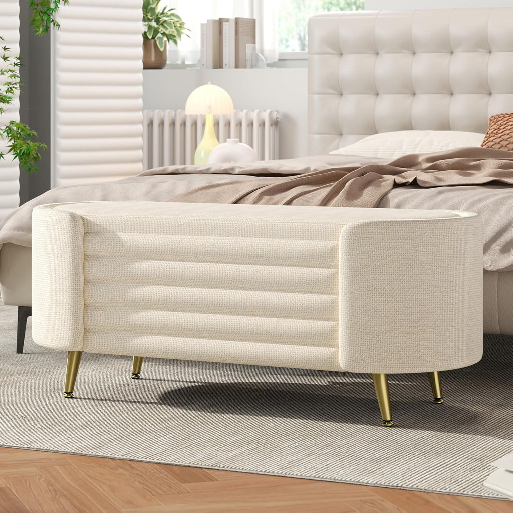 Modern Oval Chenille Storage Ottoman Bench, Beige Upholstered Cushioned Storage Bench with Sturdy Metal Legs, Large Hidden Interior Storage, Multi-Functional End of Bed Shoe Bench