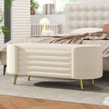 Modern Oval Chenille Storage Ottoman Bench, Beige Upholstered Cushioned Storage Bench with Sturdy Metal Legs, Large Hidden Interior Storage, Multi-Functional End of Bed Shoe Bench