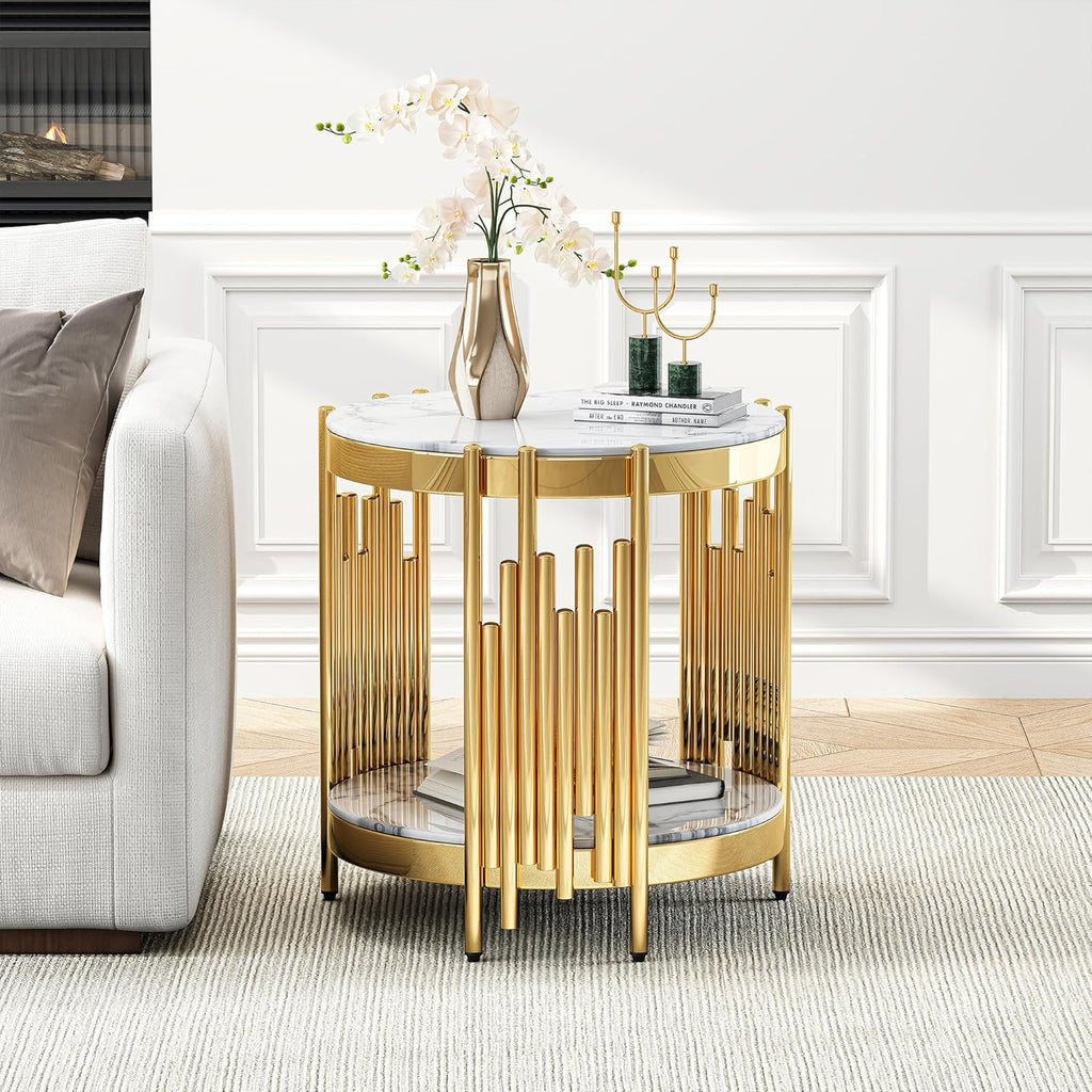 Round 2-Tier End Table, 21" White Faux Marble Top and Gold Stainless Steel Frame, Luxury Modern Side Table for Living or Bedroom