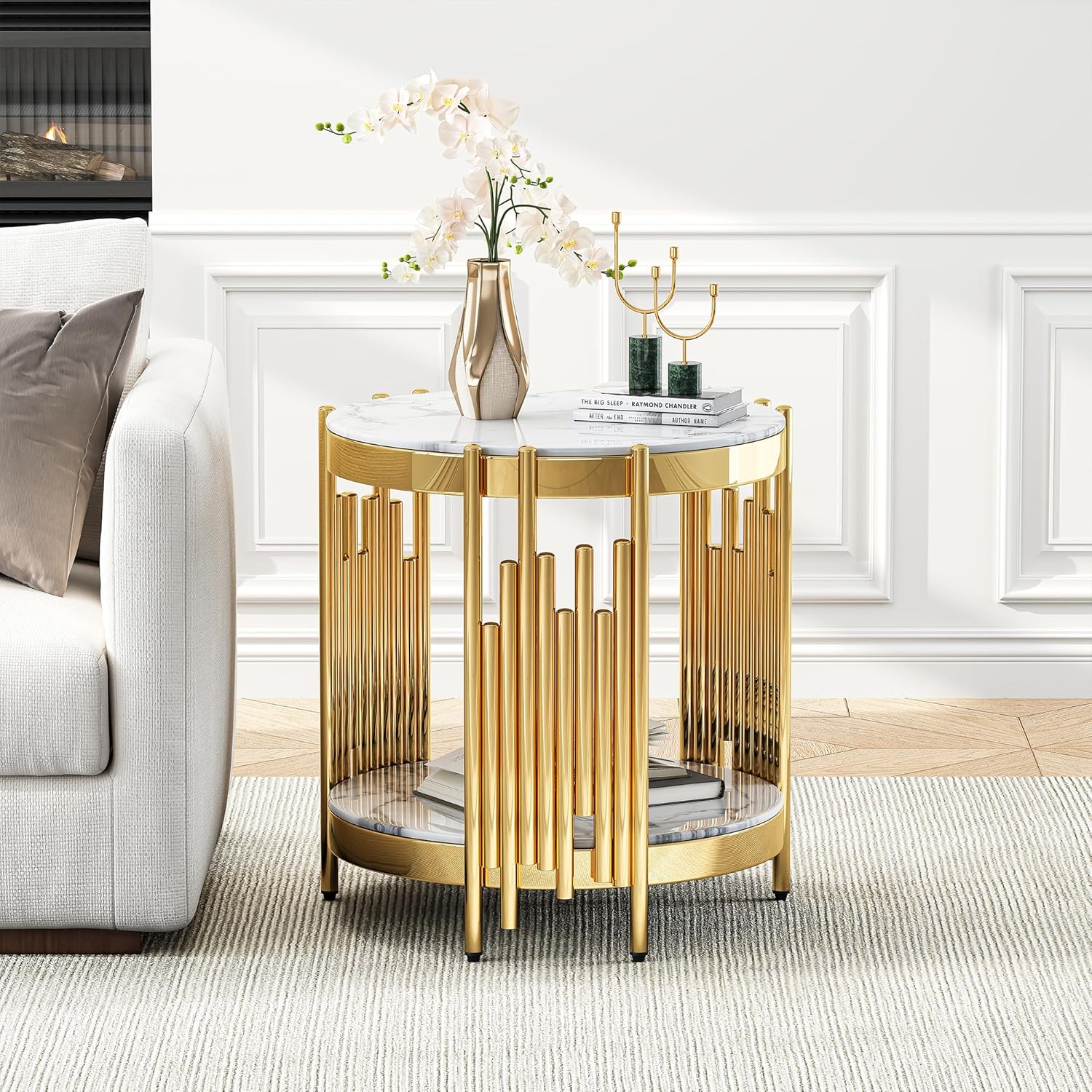 Round 2-Tier End Table, 21" White Faux Marble Top and Gold Stainless Steel Frame, Luxury Modern Side Table for Living or Bedroom