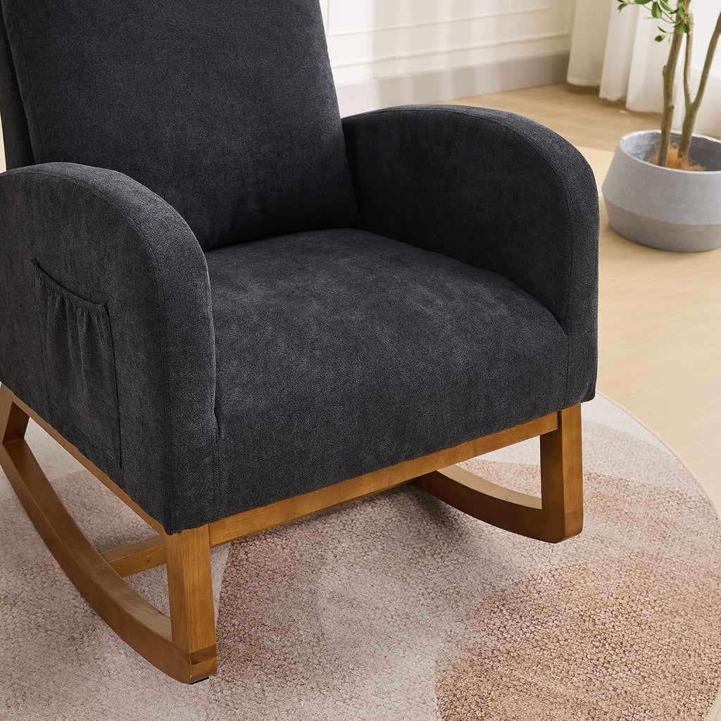 Rocking Chair, Nursery Chair, Polyester Accent Armchair, High Back Rocker with Side Pocket, Rubber Wood Legs, Walnut Finish, Living Room Bedroom Reading Nook, 250 lb Capacity, Black