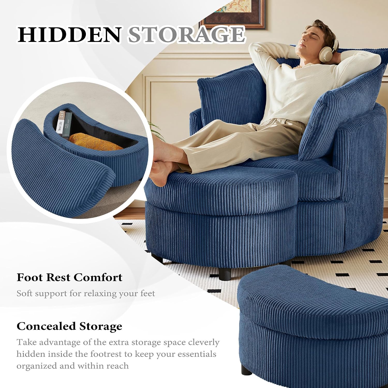 Vanity Accent Chair Swivel Living Room Chairs Curve Back Reading Chair with Armrest, Lounge Chair with Ottoman for Bedroom