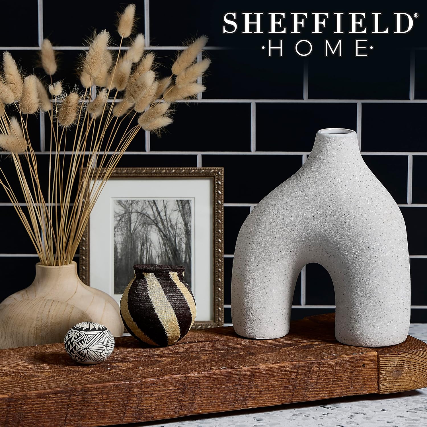 Modern Round U-Shaped Vase - 8"x3.35"x9.3" Stoneware Sand Graze Hollow Flower Vases for Home Decor - Cute Vases for Centerpieces, Living Room, Office & Entryway Display (White)