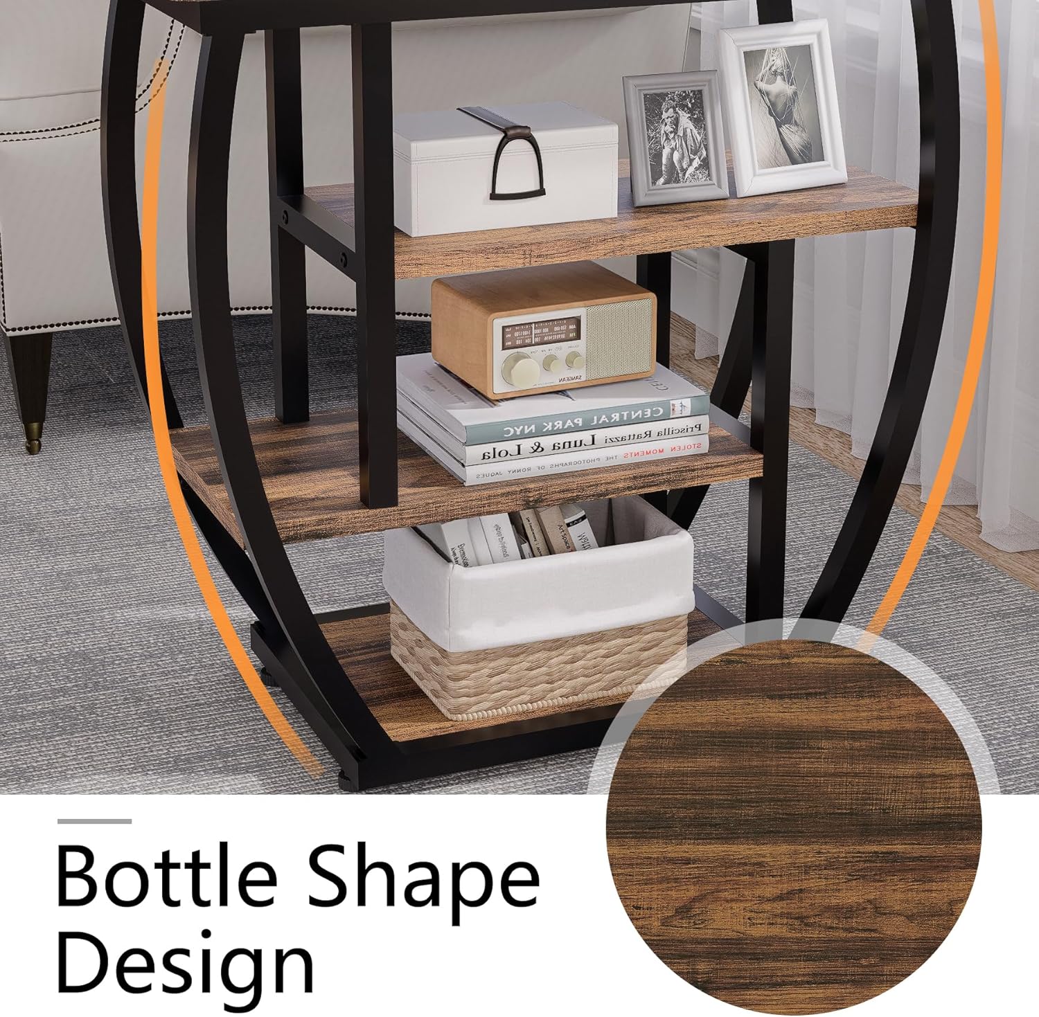 4-Tier End Table with Storage, Narrow Side Table for Living Room, Wood Sofa Side Table with Metal Frame, Industrial Bedside Table and Nightstand for Bedroom, Rustic Brown