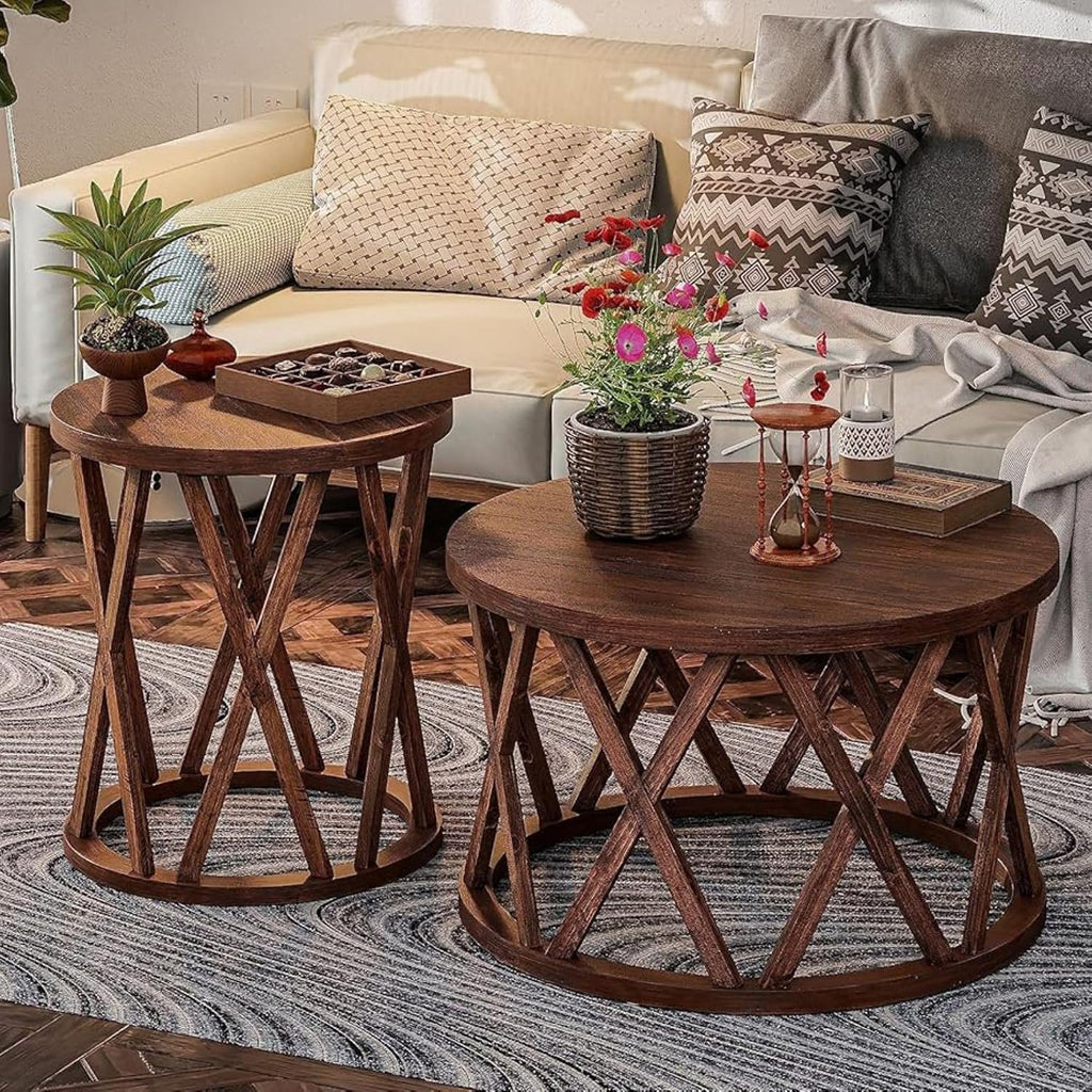 COZAYH Set of 2 - Farmhouse End Table, Rustic Round Side Table with X-Motifs Legs, Wood Textured Top, for Boho, French Country Decor, Brown