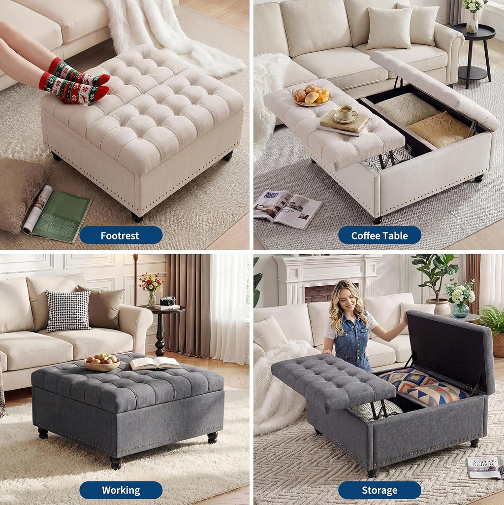 Garvee 36'' Large Square Storage Ottoman, Lift Top Storage Ottoman Coffee Table with Tufted Upholstery and Wood Legs, Ottoman with Storage for Living Room, Bedroom, 44.6 Gallon, 300 Lbs, Gray