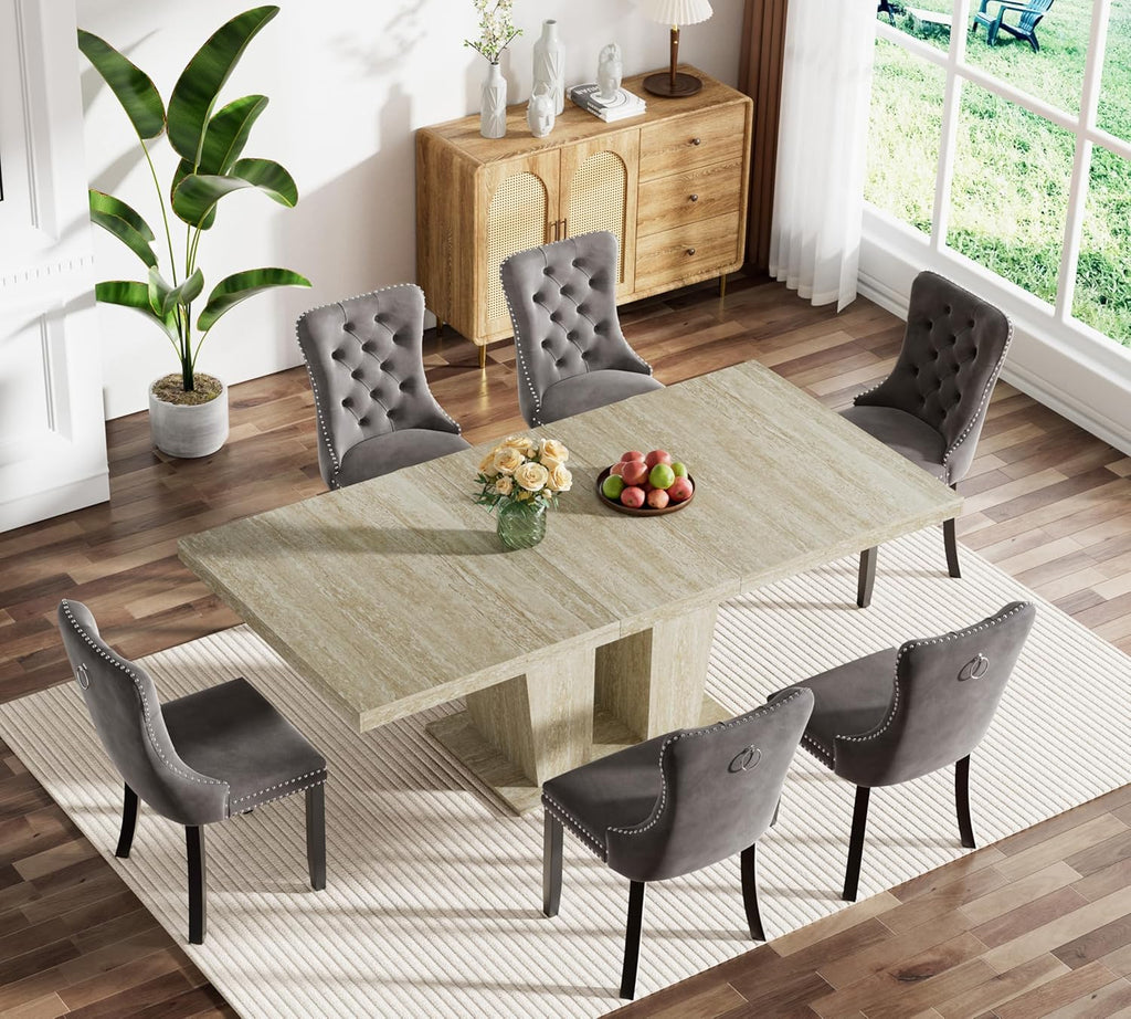 7-Piece Extendable Dining Table Set for 6, 63-78" Faux Travetine Kitchen Table Set for 6 with Grey Tufted Chairs, Rectangular Expandable Dining Room Table with Dual Columns Base,Space-Saving