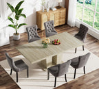 7-Piece Extendable Dining Table Set for 6, 63-78" Faux Travetine Kitchen Table Set for 6 with Grey Tufted Chairs, Rectangular Expandable Dining Room Table with Dual Columns Base,Space-Saving