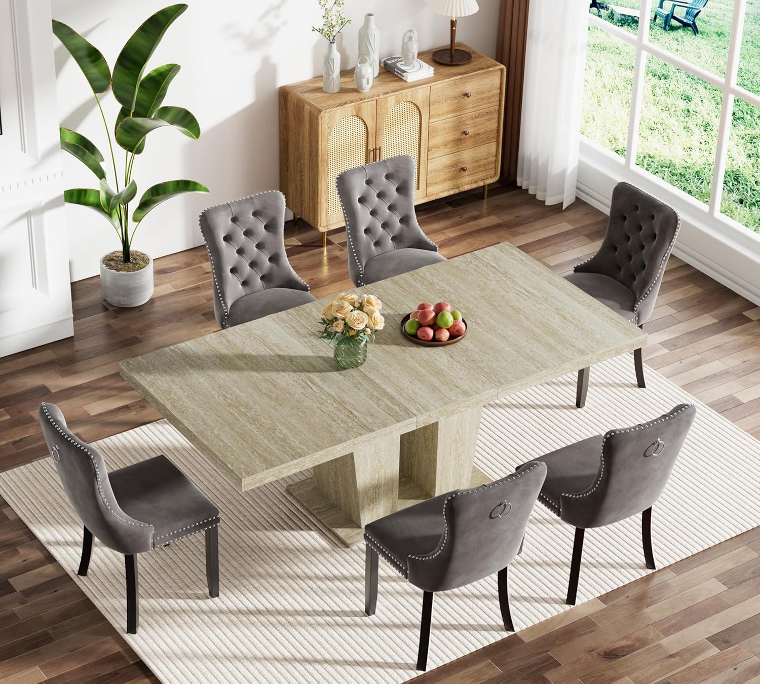 7-Piece Extendable Dining Table Set for 6, 63-78" Faux Travetine Kitchen Table Set for 6 with Grey Tufted Chairs, Rectangular Expandable Dining Room Table with Dual Columns Base,Space-Saving