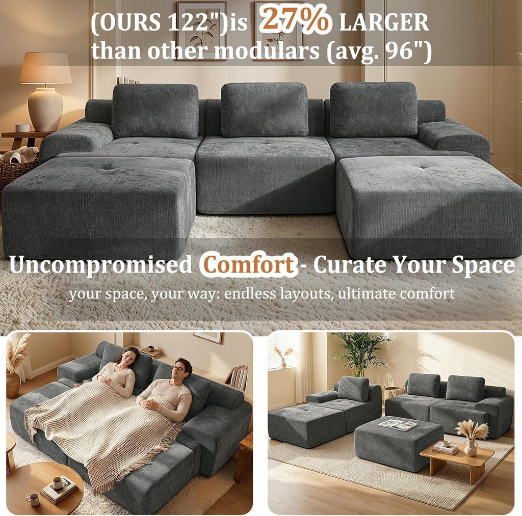 122" U Shaped Oversized Boneless Couch, Comfort Cloud Sectional Couches for Living Room, Modular Sofa High Back & Extra Deep Seat, No Assembly, Soft Chenille (Dark Grey, 122 inch-U shaped（3+2）)