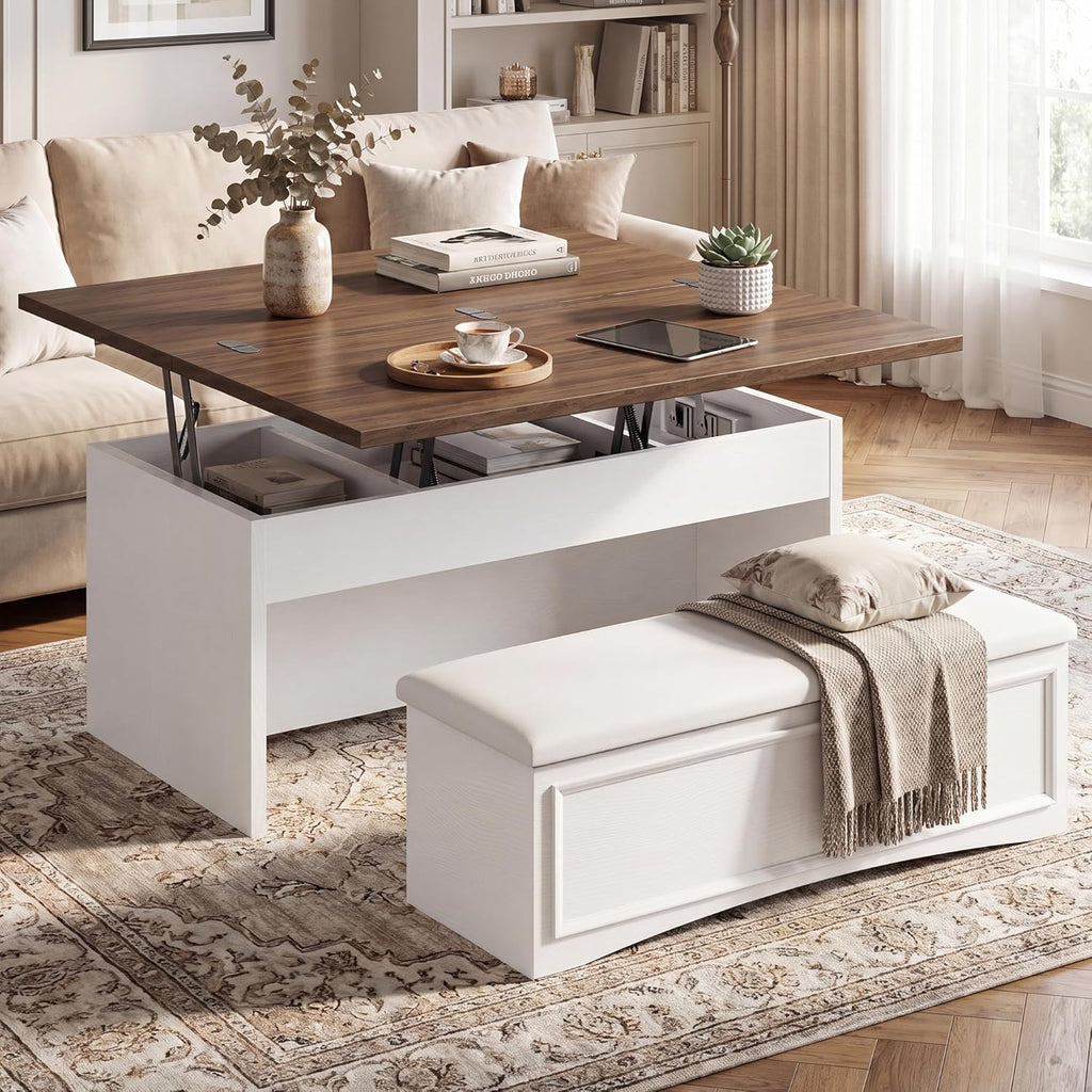 Lift Top Coffee Table Set with Storage Bench, 4-in-1 Convert Gaming/Reading/Dining Table, 40'' Multi-Function Coffe Tables with Hidden Compartment & Open Shelves, for Living Room, White Brown