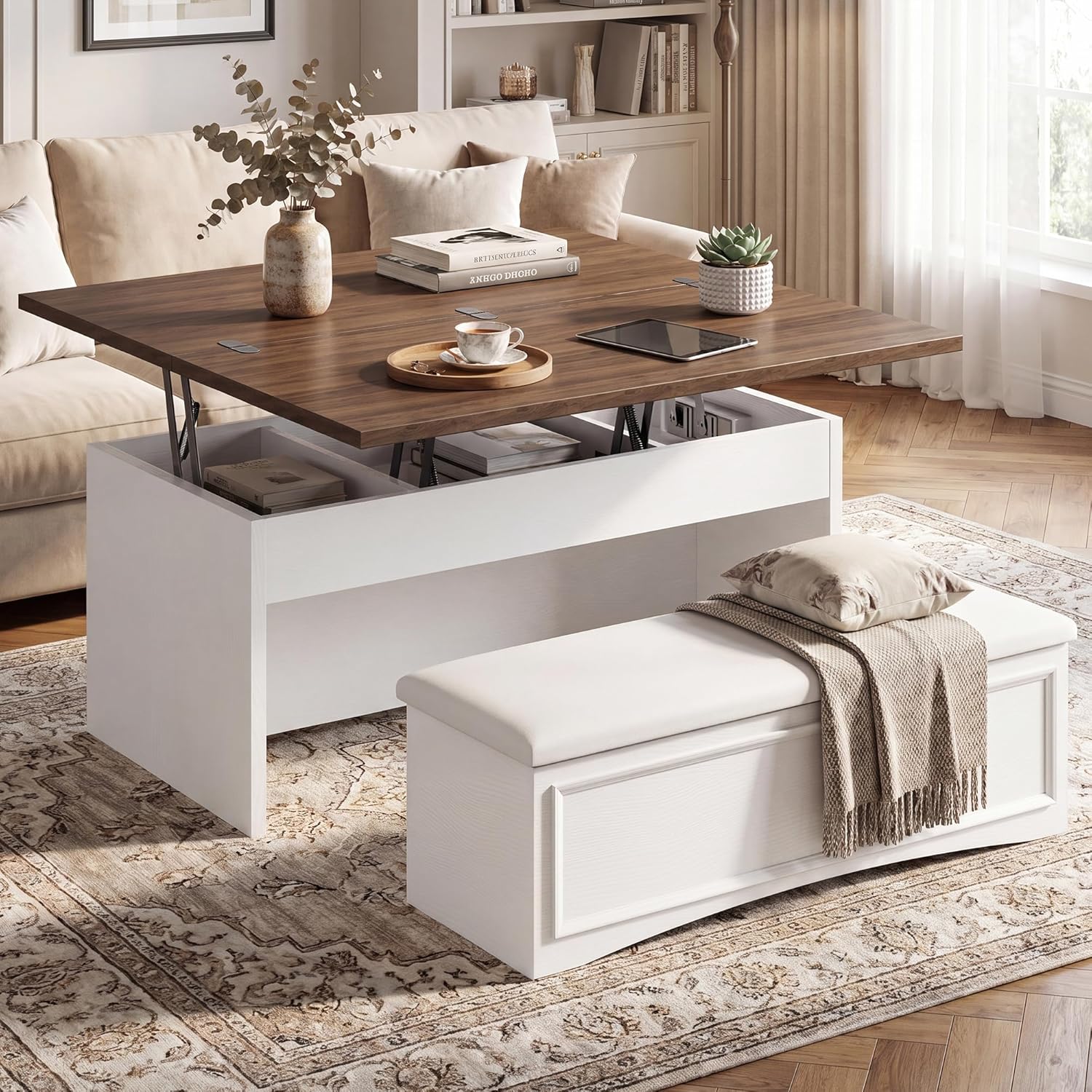 Lift Top Coffee Table Set with Storage Bench, 4-in-1 Convert Gaming/Reading/Dining Table, 40'' Multi-Function Coffe Tables with Hidden Compartment & Open Shelves, for Living Room, White Brown