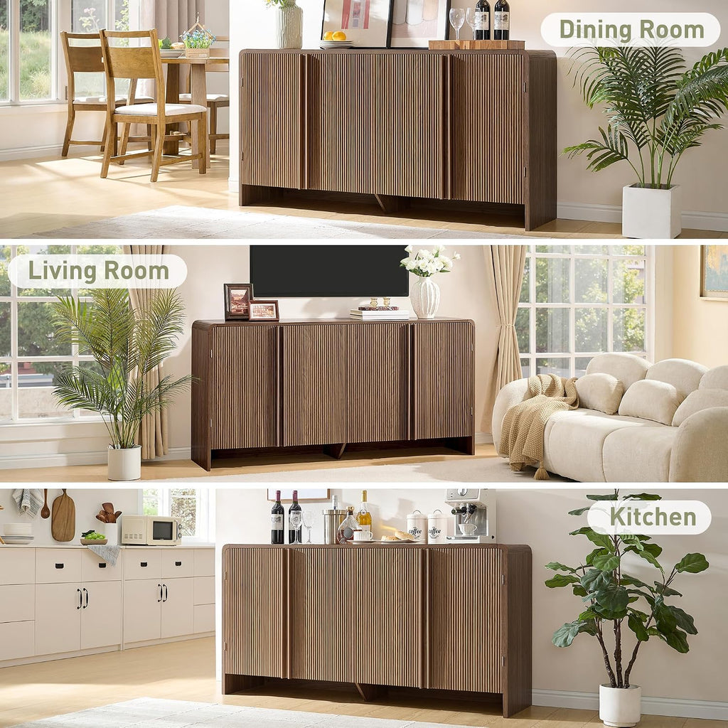 AMERLIFE 63" Fluted Sideboard Buffet Cabinet with Storage, Modern Credenza Console with 4 Doors & Adjustable Shelves, Wood Coffee Bar for Kitchen, Living Room, Hallway, Brown