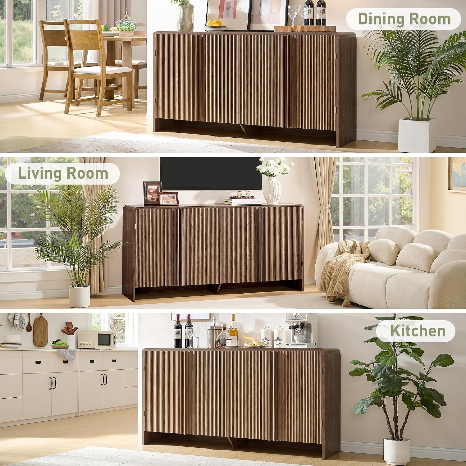 AMERLIFE 63" Fluted Sideboard Buffet Cabinet with Storage, Modern Credenza Console with 4 Doors & Adjustable Shelves, Wood Coffee Bar for Kitchen, Living Room, Hallway, Brown