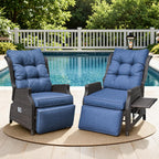 Outdoor Indoor Wicker Recliner with Adjustable Back and Footrest, Patio Reclining Chair with Flip-up Table, Outdoor Rattan Lounge Chair,Navy