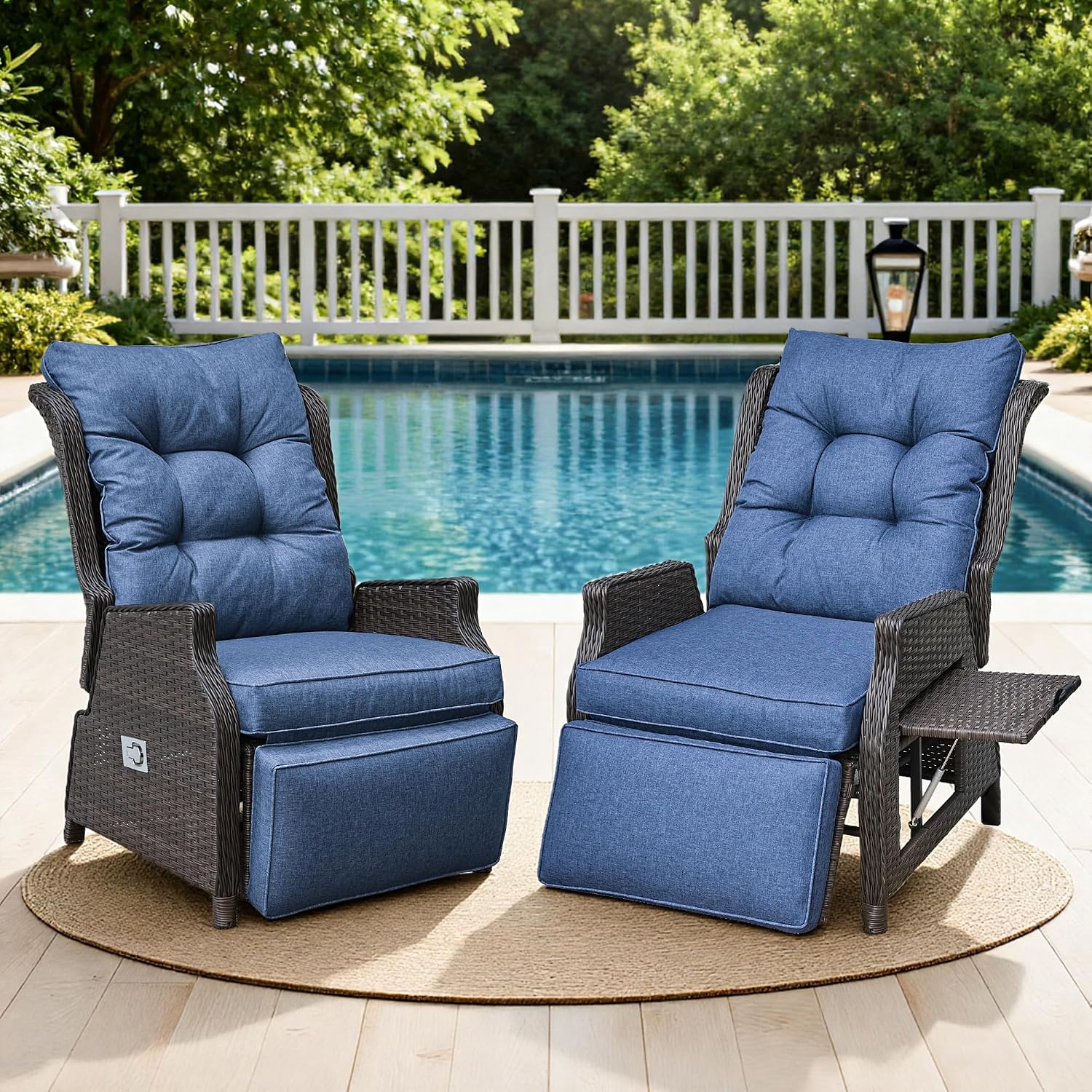 Outdoor Indoor Wicker Recliner with Adjustable Back and Footrest, Patio Reclining Chair with Flip-up Table, Outdoor Rattan Lounge Chair,Navy