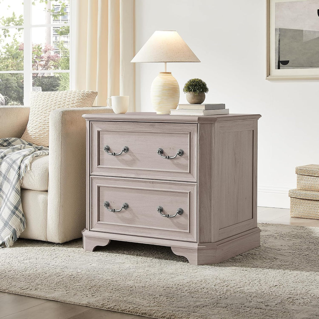 T4TREAM 30" Farmhouse Nightstand Set of 2 w/Charging Station | Large End Table, 2 Spacious Drawers Bedside Table, Wooden Night Stand for Bedroom, Living Room, White Alder