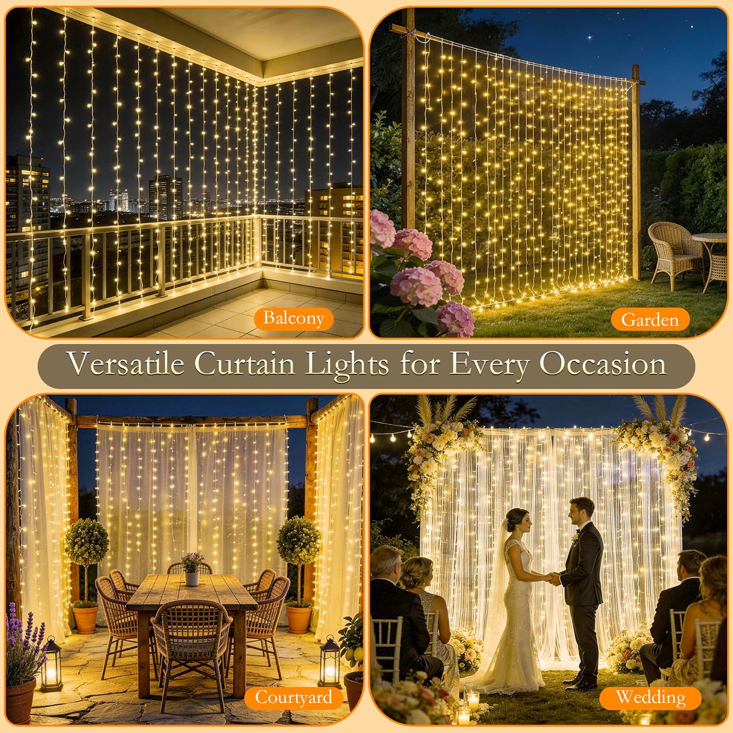 Curtain String Lights Indoor, 300LED 9.8 * 9.8FT USB Plug-in Window Curtain Lights with Timer and 8 Modes, Waterproof Warm White Curtain Fairy Lights for Bedroom Room Wedding Outdoor Decor