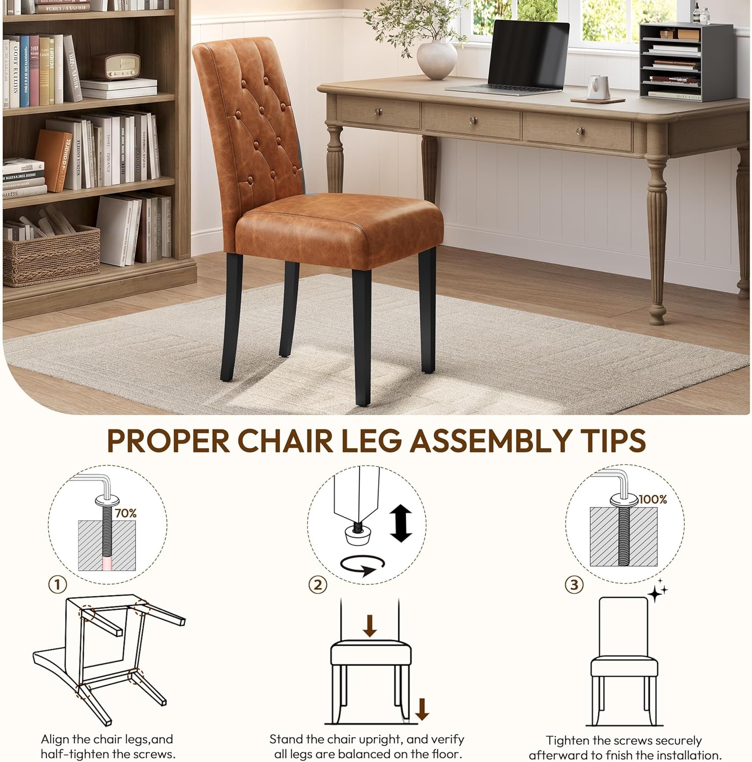 Yaheetech Upholstered Dining Chairs Set of 2 Modern Leather Parsons Kitchen Chairs with Button Tufted High Back and Solid Wood Legs and for Dining Room/Living Room/Restaurant, Retro Brown