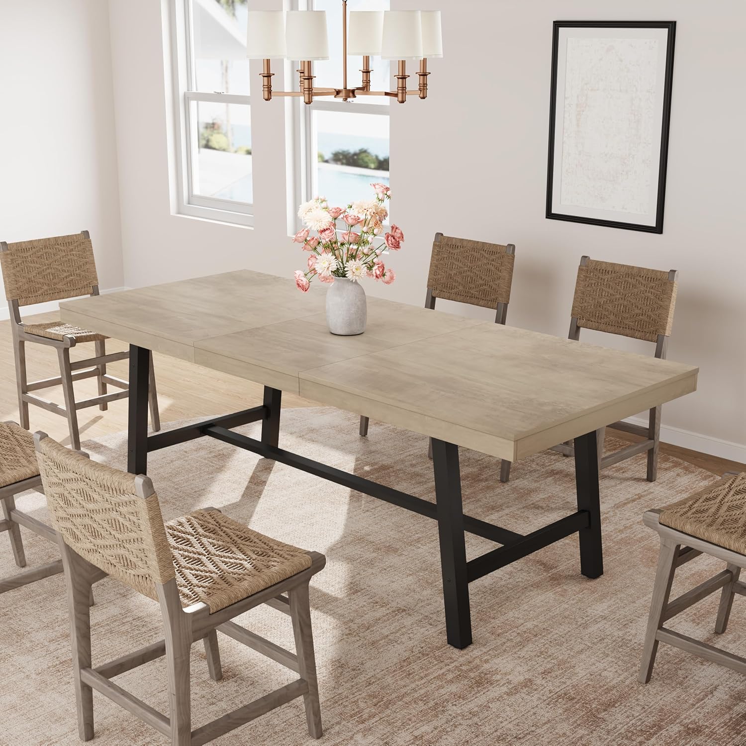 GarveeHome 63-83" Extendable Dining Table, Industrial Rectangular Dining Room Table for 6-8 People, Expandable Kitchen Table with Heavy Duty Metal Frame for Dining Room, Kitchen & Parties, Grey