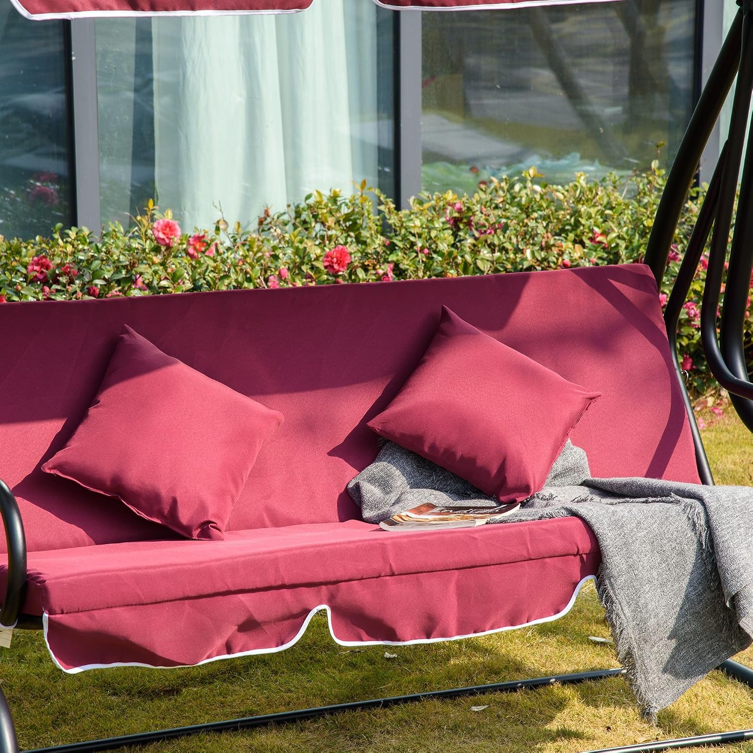 3-Person Outdoor Porch Swing Bed with Canopy and Cup Holders