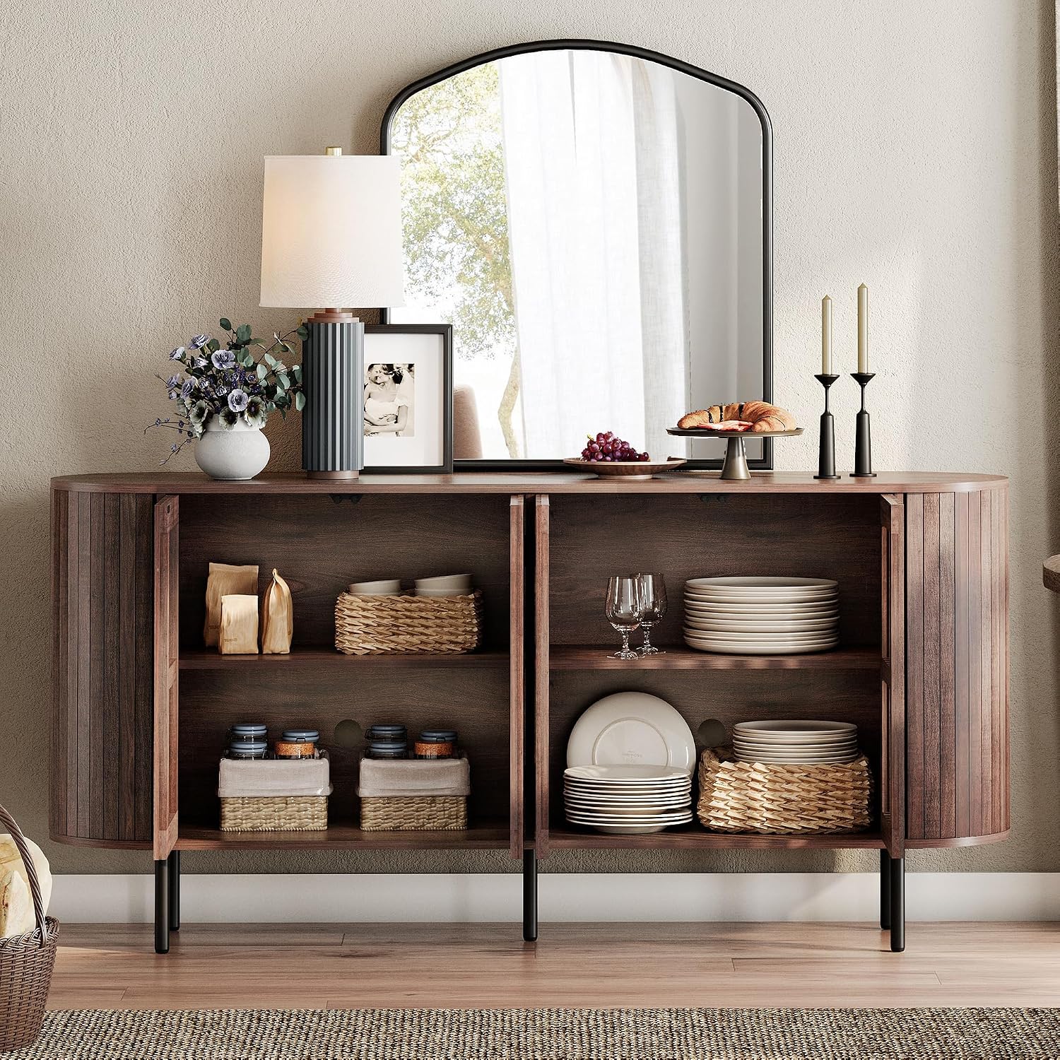 WAMPAT 66" Fluted Sideboard Buffet Cabinet, Wood Storage Cabinet with 4 Doors, Mid Century Modern Credenza for Dining Room, Living Room, Kitchen, Walnut