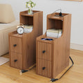 Set of 2 Narrow Side Table with Charging Station, Wooden Slim End Table with Storage, Mid Century Modern Nightstand with Drawers for Living Room, Walnut