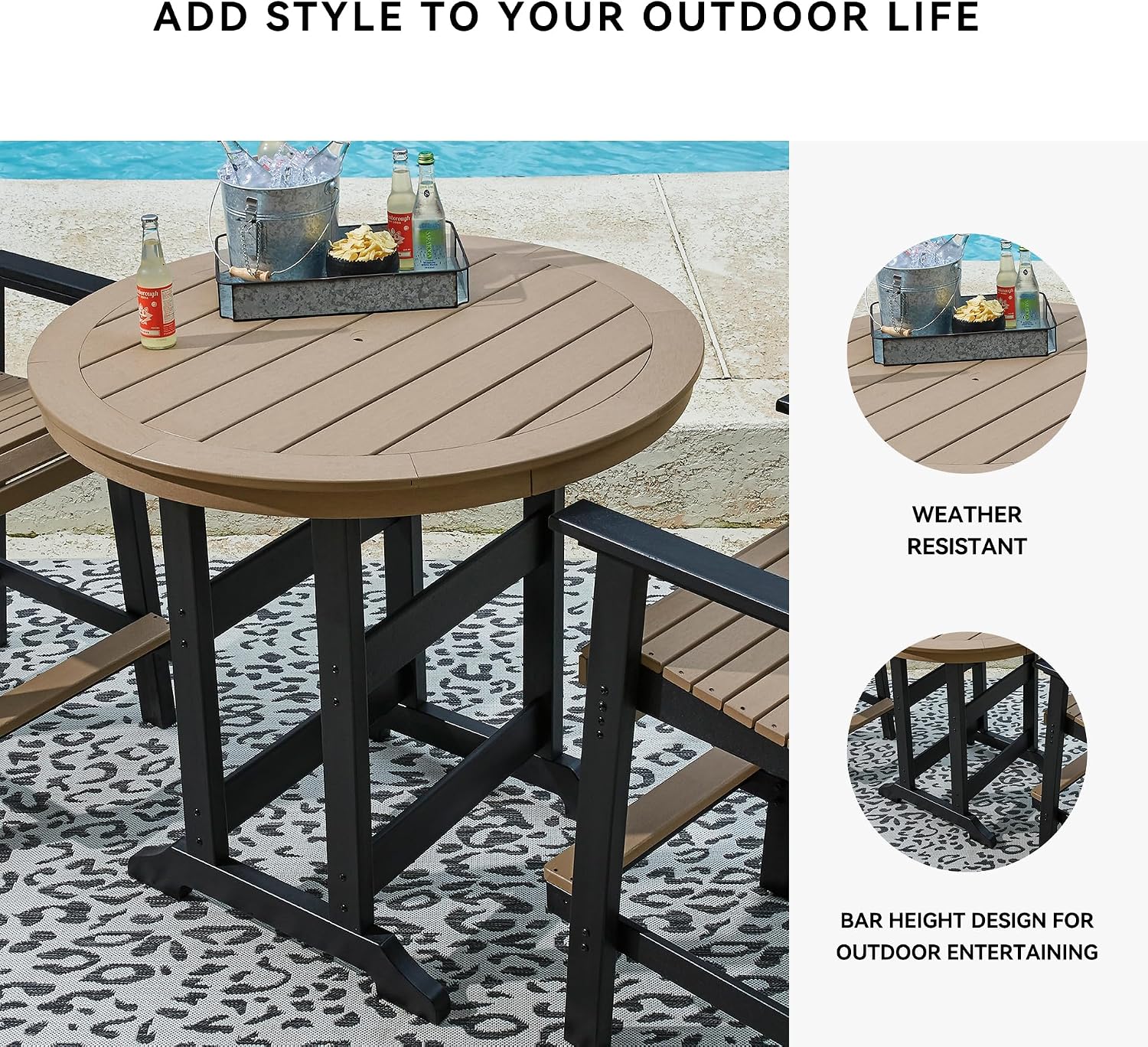 Signature Design by Ashley Fairen Trail Outdoor Bar Table, Durable Weather Resistant HDPE, with Umbrella Hole for Patio Dining, Black and Driftwood, 46 Inch Round