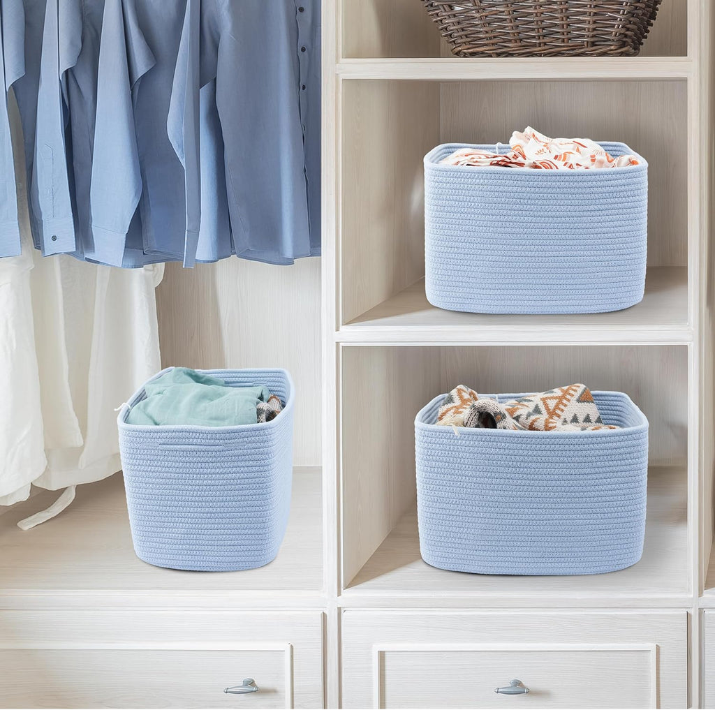 Cotton Rope storage Basket Bins Woven Basket for Organizing Shelves Rectangle Decorative Baskets For storage 3 pack (light blue)