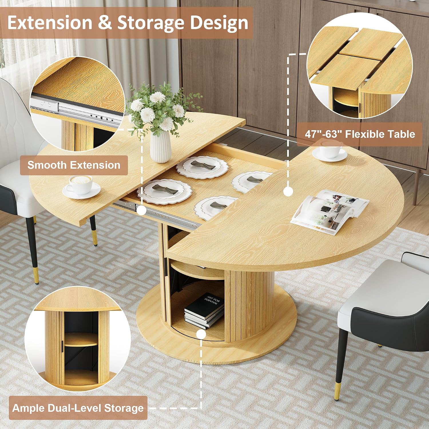 47"-63" Extendable Round-to-Oval Dining Table with Double-Layer Hidden Storage, Fluted Cylindrical Base and Sliding Doors, Modern Farmhouse Kitchen Table for Dining Room or Office, Oak