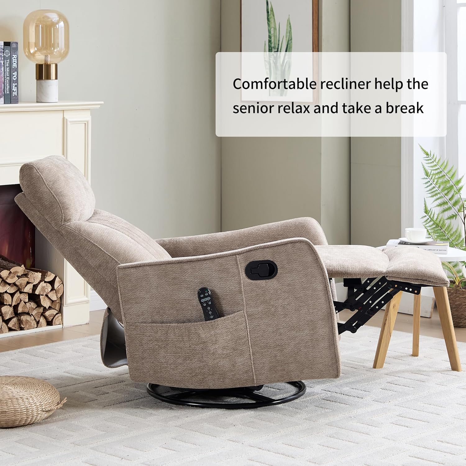 Swivel Rocker Recliner Chair, Nursery Rocking Chair with Heat and Massage, Glider Reclining Chair for Living Room Small Space Bedroom, Chenille Khaki