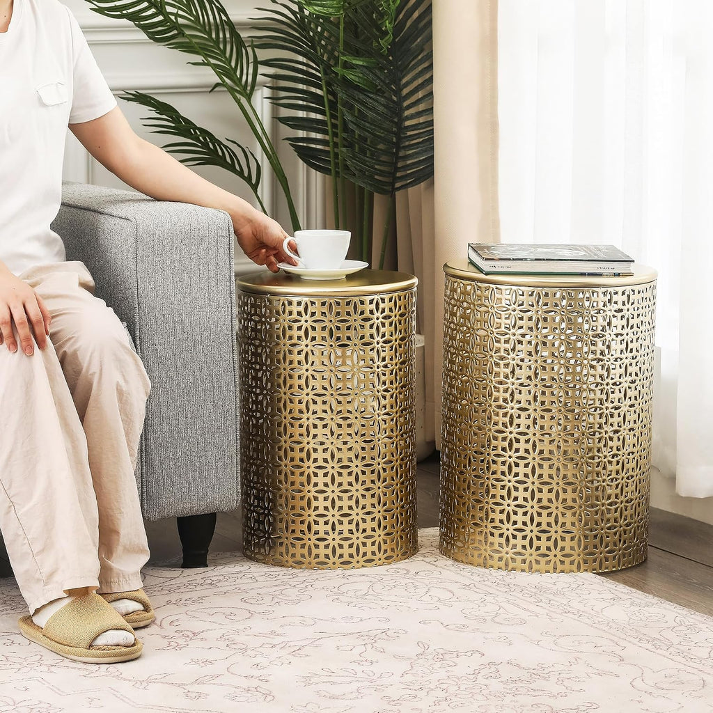 Homebeez Modern Nesting Tables Set of 2, Round Metal End Table, Accent Side Tables for Living Room & Bedroom, No Assembly Nightstands, Gold