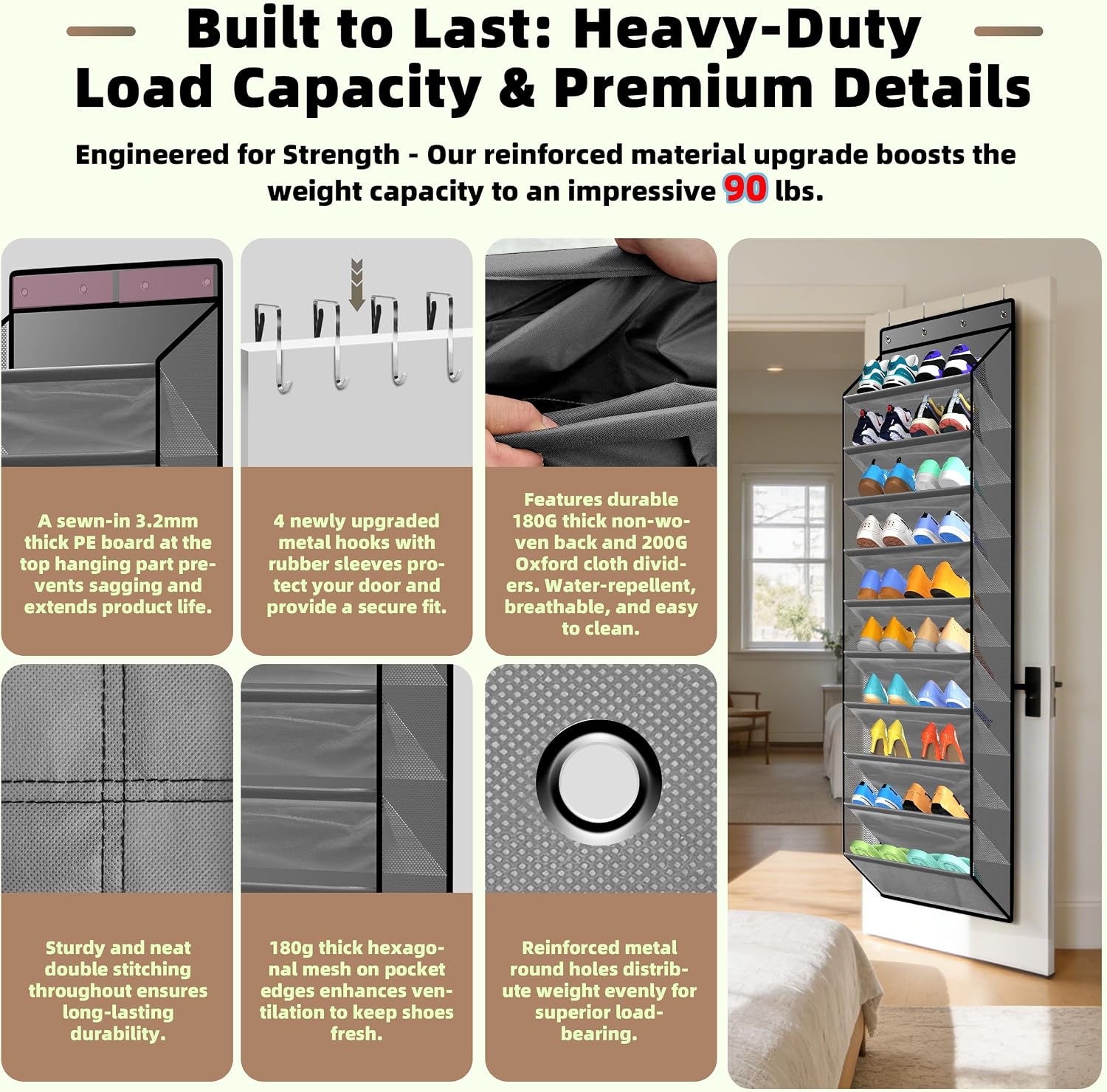 PAULONE 10-Pocket Multi-Use Over the Door Organizer, Heavy Duty 95lbs Capacity with Breathable Mesh, Versatile Hanging Storage for Shoes, Toys, Office Supplies-Classic (Slate Grey, 10-Shelf,)