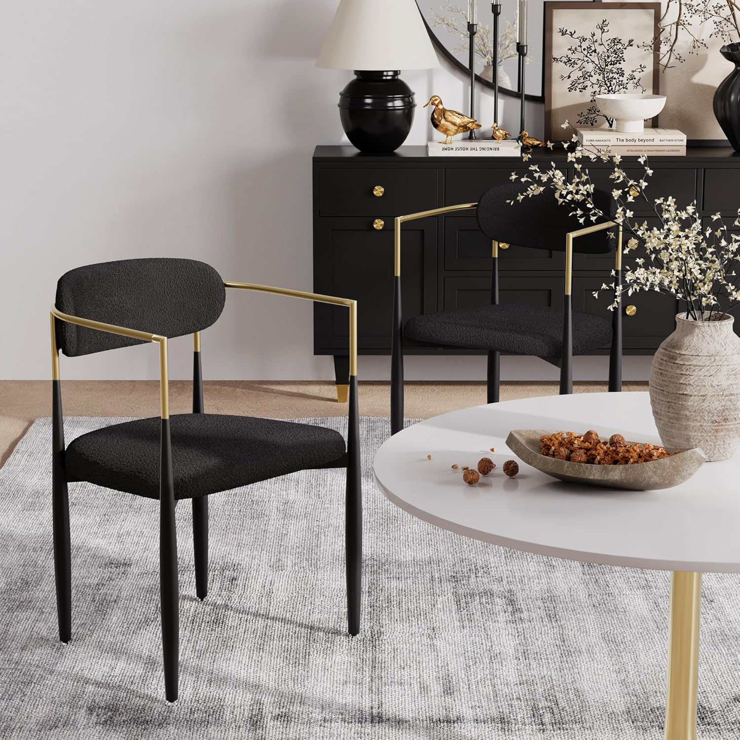 Baysitone Dining Chairs Set of 2 Mid-Century Modern Upholstered Boucle Dining Room Chairs Open Back Curved Backrest Black Metal Legs Gold Armchairs for Kitchen Living Room, Black(Only Chairs)