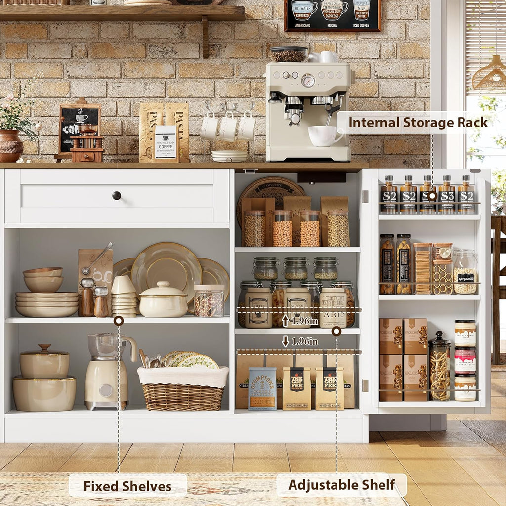 HOSTACK Multifunctional Storage Cabinet - 59" Buffet Cabinet with Charging Station, Large Kitchen Buffet Sideboard with Rolling Cart, Farmhouse Coffee Bar Cabinet with Drawers for Kitchen, White