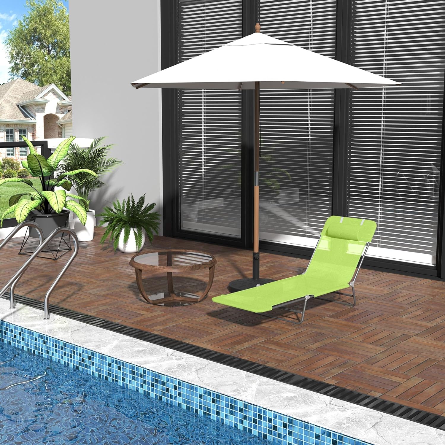Green 6-Position Folding Chaise Lounge Chair — 265lb Capacity, Powder-Coated Steel FFor rame, Ventilated Mesh Surface, Head Pillow Included