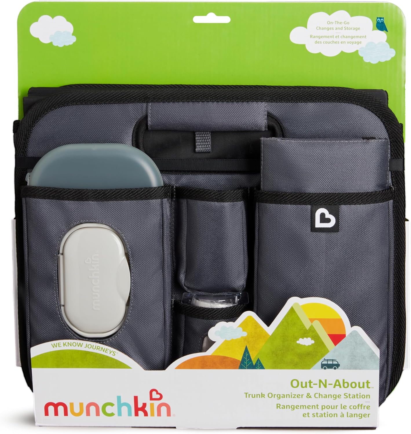 Munchkin Out-n-About Trunk Organizer for SUVs and Cars with Portable Changing Pad and Wet Baby Wipes for Diaper Changes On-the-Go, Collapsible, Grey
