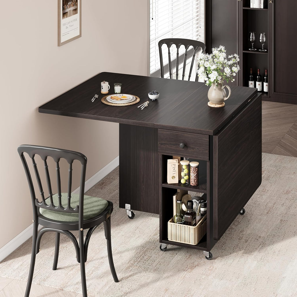 Jocoevol Space Saving Folding Dining Table for 4, Foldable Dining Table with Drawer and Storage Shelf, 6 Wheels Drop Leaf Kitchen Dining Room Table for Small Space (Walnut, 47.2" x 23.6" x 29.9")