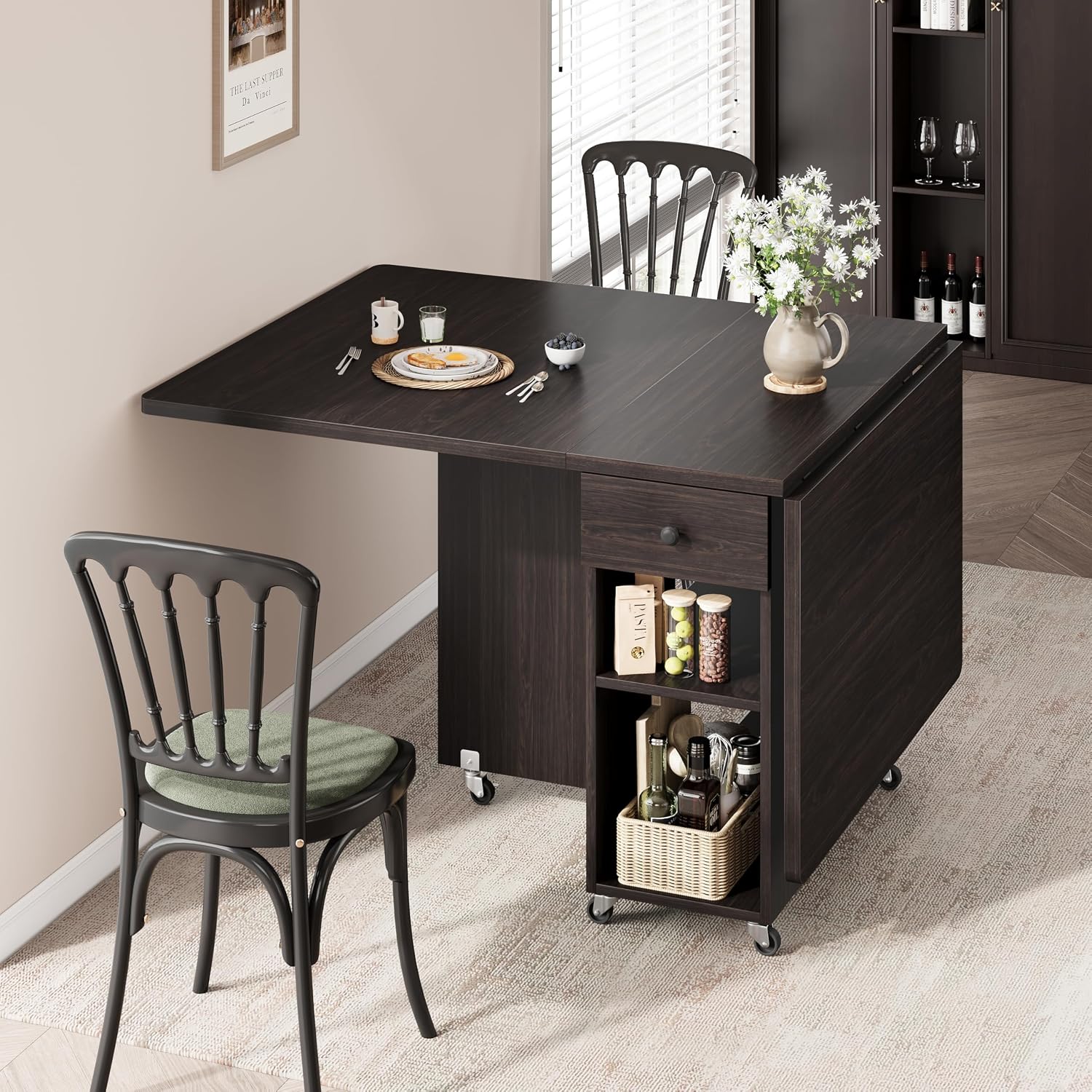 Jocoevol Space Saving Folding Dining Table for 4, Foldable Dining Table with Drawer and Storage Shelf, 6 Wheels Drop Leaf Kitchen Dining Room Table for Small Space (Walnut, 47.2" x 23.6" x 29.9")